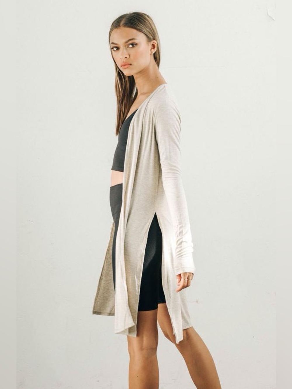 JOAH BROWN Luna Cardigan Oatmeal Rib Side Slit Longline Duster S/M
